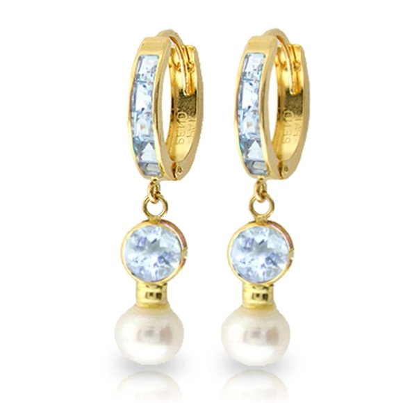 4.3 Carat 14K Gold Hoop Earrings Pearl Aquamarine - Picture 1 of 1